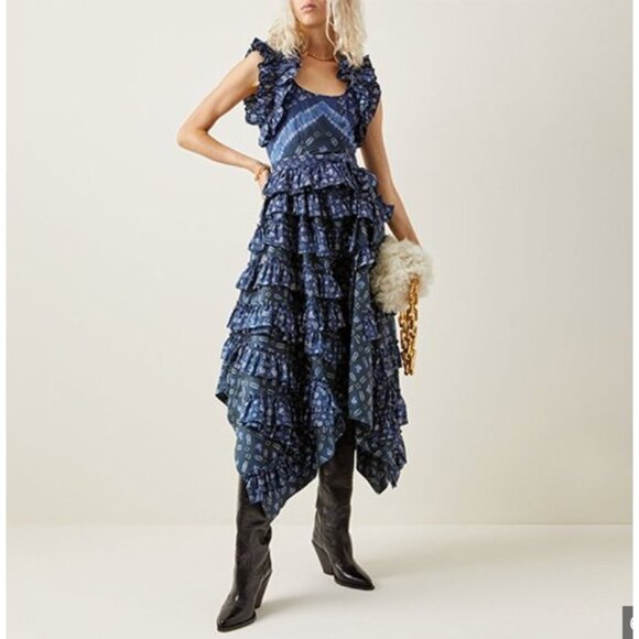 Ulla Johnson Dresses & Skirts - Ulla Johnson Nia Dress Womens 4 Blue Ruffle Tiered Sleeveless Boho Midi Cotton